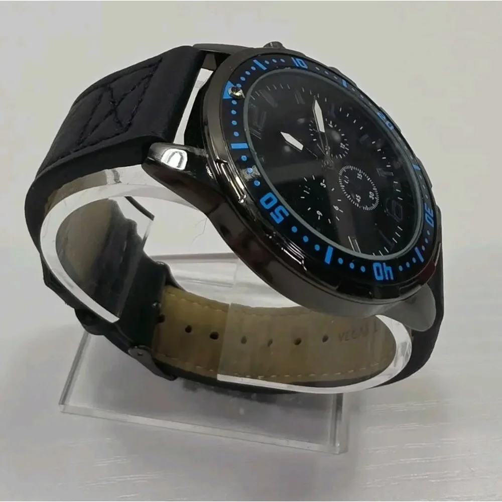 Men’s Blue Accent Watch W/ Black Dial, Black Vegan Leather Band New Battery W271